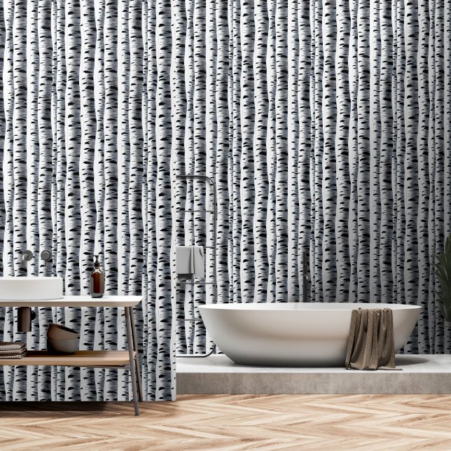 Birchwoods Baummuster Schwarz-weiße nahtlose Kunst Tapete (Badezimmer)