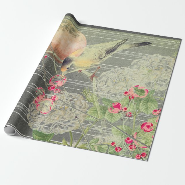 BIRD AUF BRANCH MIT VOLLSTÄNDIGEM MONDWAGENpapier Geschenkpapier (Ungerollt)