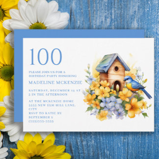 Bird Birdhouse Blue Yellow Flowers 100. Geburtstag Einladung