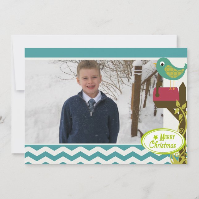 Bird Blue Chevron Stripe Carte photo de vacances (Devant)