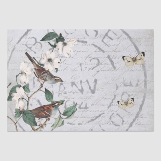 Bird Blume Postmark Butterfly Französisches Script Seidenpapier (Vorderseite)