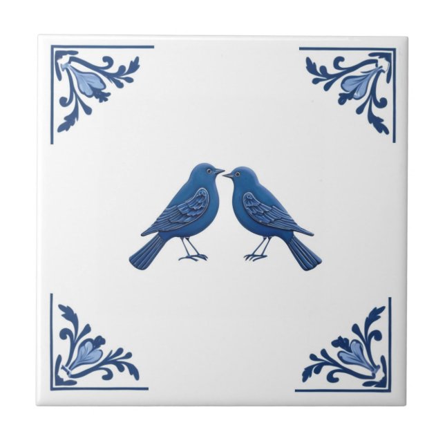 Bird Couple Delft Blue und White Floral Corners Fliese (Vorderseite)