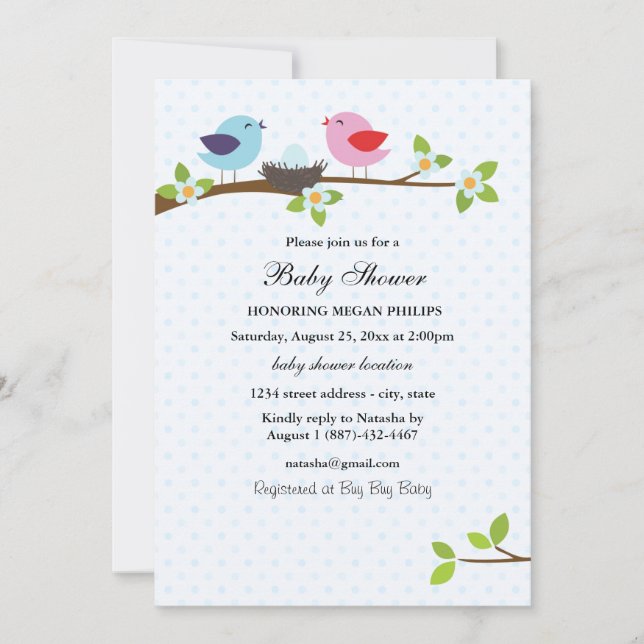 Bird Family Blue Baby Dusche Einladung (Vorderseite)