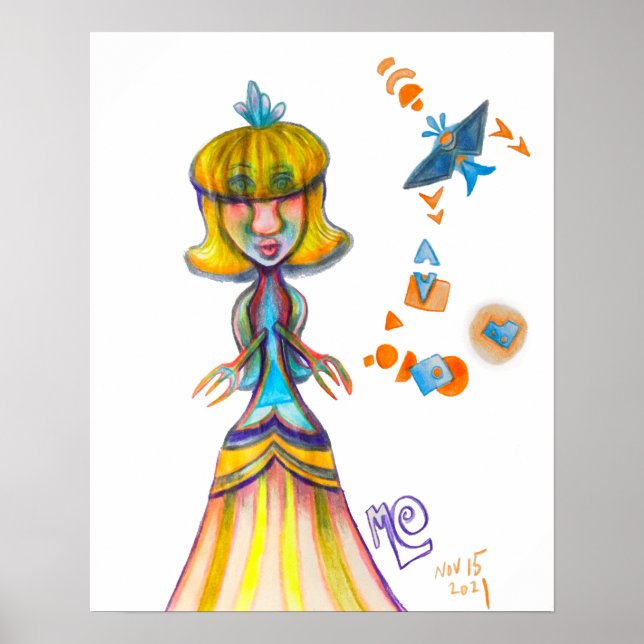 Bird Fish Lady Abstrakt Doodle Art Print Poster (Vorne)