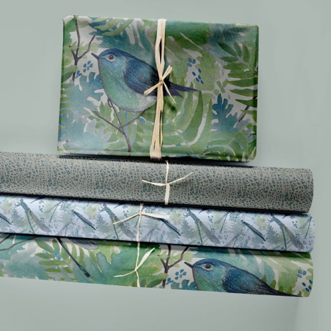 Bird Floral Blue Trio Decoupage Geschenkpapier Set (Whimsical Watercolor Bird Ferns And Dragonflies Wrapping Paper Sheets from Studio Posies.)