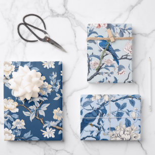 Bird Floral Chinoiserie Blue White Geschenkpapier Set