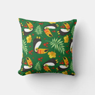 Bird Green Leave Orange Red Flower Tropical Jungle Kissen