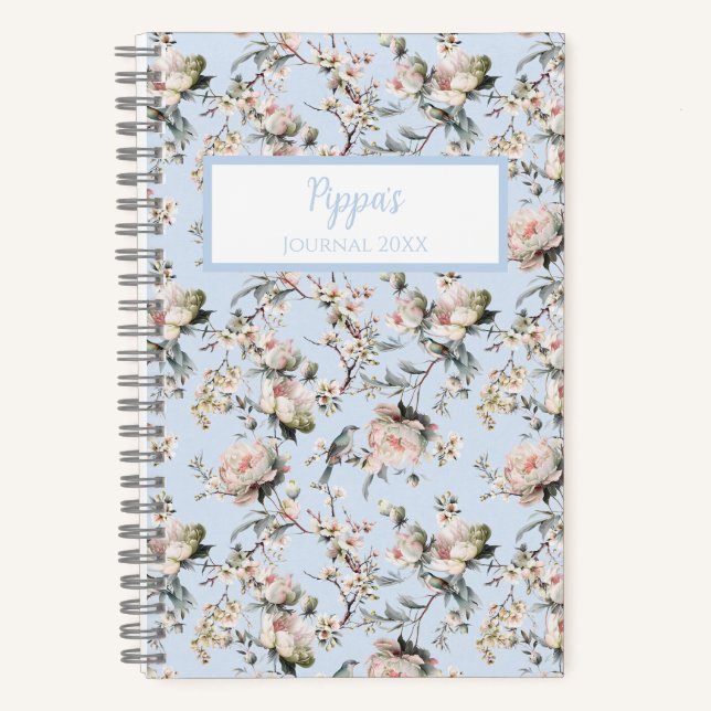 Bird in Blossom Blue Personalized Journal Notebook (Recto)