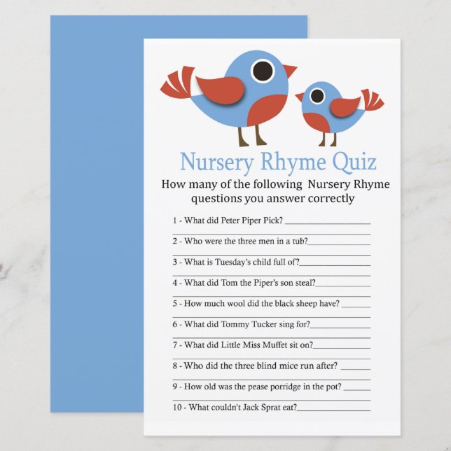 Bird Kinderzimmer Rhyme Quiz Babyduschenspiel (Vorne/Hinten)