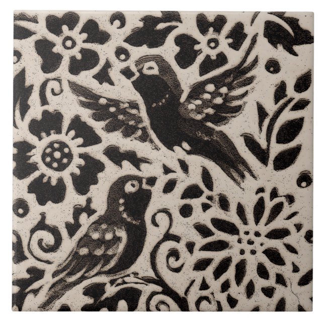 Bird Leaf Batik Stoneware Woodland Animal Tan Grau Fliese (Vorderseite)