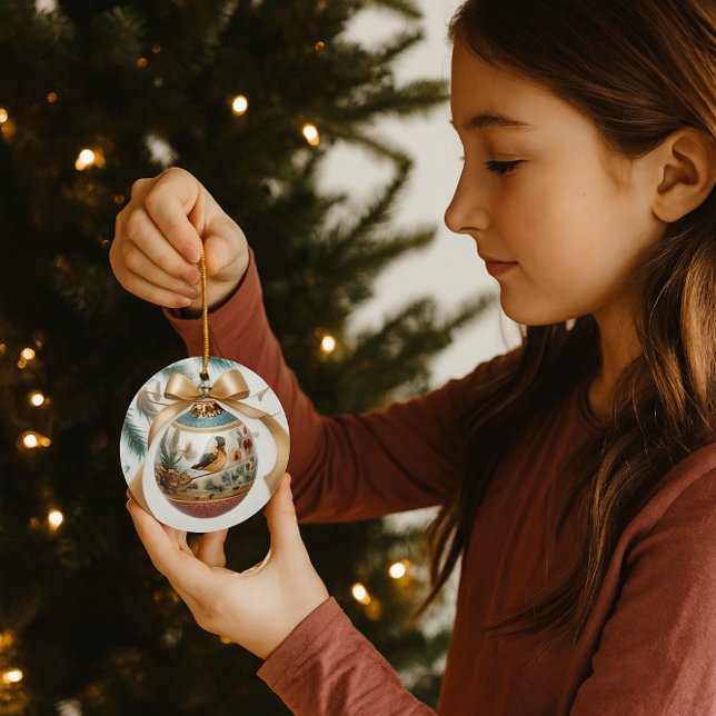 Bird Lovers Keepake Weihnachtsdekoration Keramik Ornament (Trimming the tree with festive bird ornament with a gold bow)