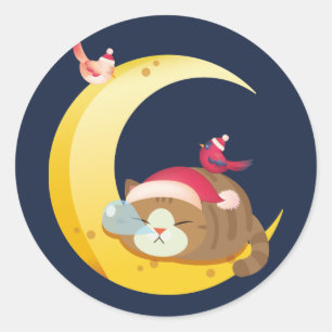 Bird Moon Sleeping Kitten Cat Holiday Runder Aufkleber