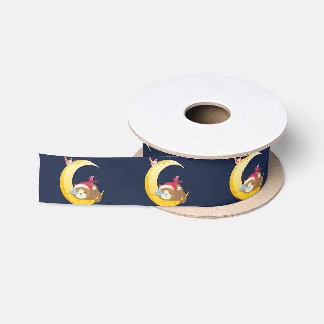 Bird Moon Sleeping Kitten Cat Holiday Satinband (Spule)