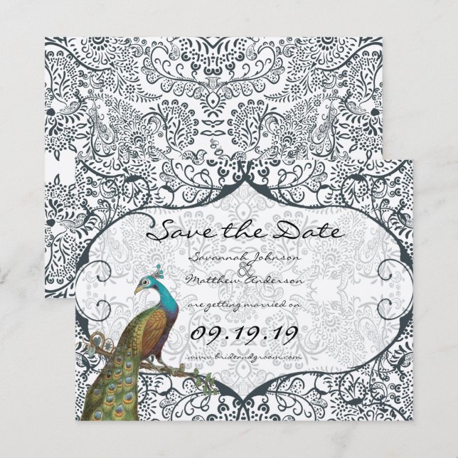 Bird Navy Whimsical Peacock Love Save the Date (Vorne/Hinten)