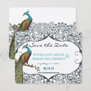 Bird Navy Whimsical Peacock Love Save the Date Einladung