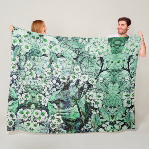BIRD NEST, BAUM, GRÜNE WEISSE BLUMEN FLEECEDECKE