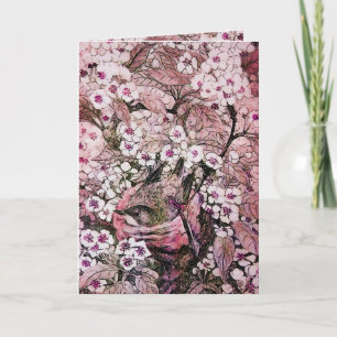 BIRD NEST , BAUM MIT WEISS ROTEN PINKSPRINGBLUMEN FEIERTAGSKARTE