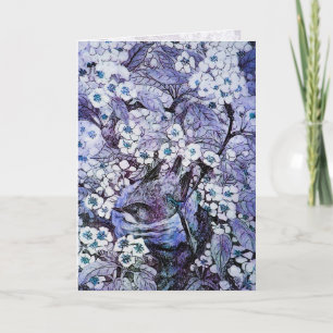 BIRD NEST , BAUM MIT WEISSEN BLUE SPRING BLUMEN FEIERTAGSKARTE