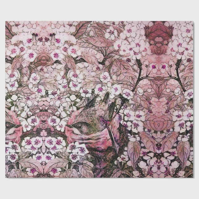 BIRD NEST , BAUM MIT WEISSEN PINKSPRINGBLUMEN GESCHENKPAPIER (Flach)
