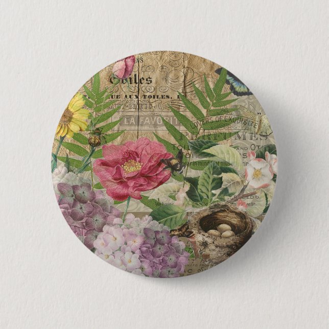 Bird Nest Floral Garden Blume Butterfly Art Button (Vorderseite)