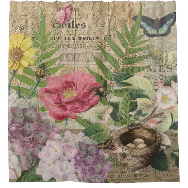 Bird Nest Floral Garden Blume Butterfly Art Duschvorhang (Vorderseite)