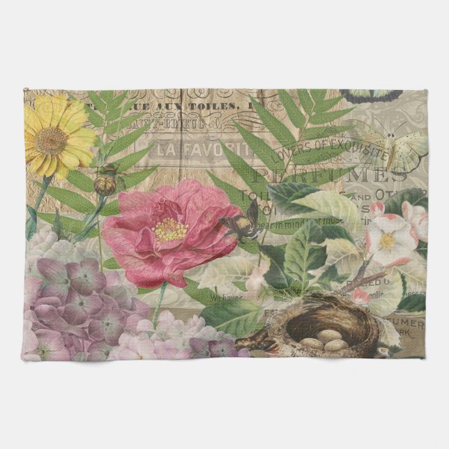 Bird Nest Floral Garden Blume Butterfly Art Geschirrtuch (Horizontal)
