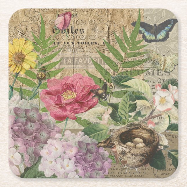 Bird Nest Floral Garden Blume Butterfly Art Rechteckiger Pappuntersetzer (Vorderseite)