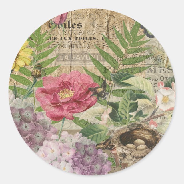 Bird Nest Floral Garden Blume Butterfly Art Runder Aufkleber (Vorderseite)