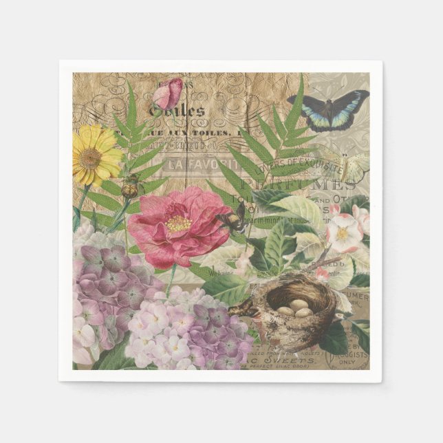Bird Nest Floral Garden Blume Butterfly Art Serviette (Vorderseite)