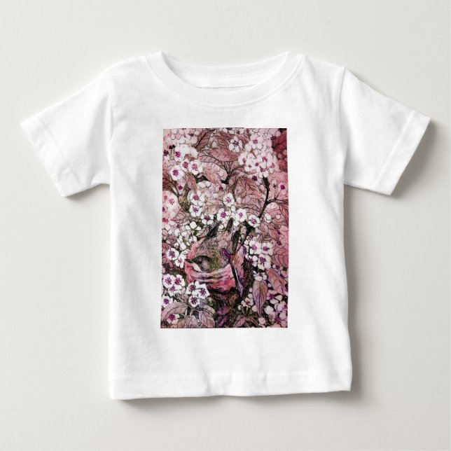 BIRD NEST, PINK WEISSE FRÜHBLUMEN UND BAUM BABY T-SHIRT (Vorderseite)