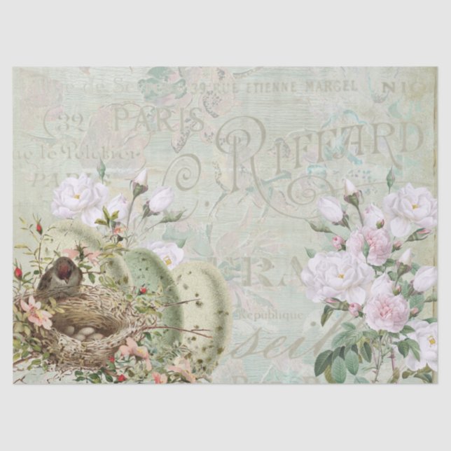 Bird Nest Rose Französisch Script Vintag Decoupage Seidenpapier (Vorderseite)