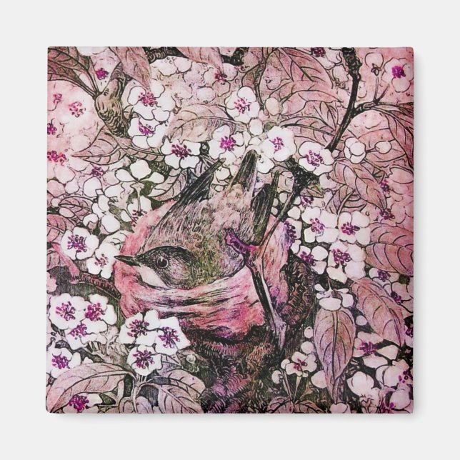 BIRD NEST, ROTE WEISSE PINKSPRINGBLUMEN MAGNET (Vorne)