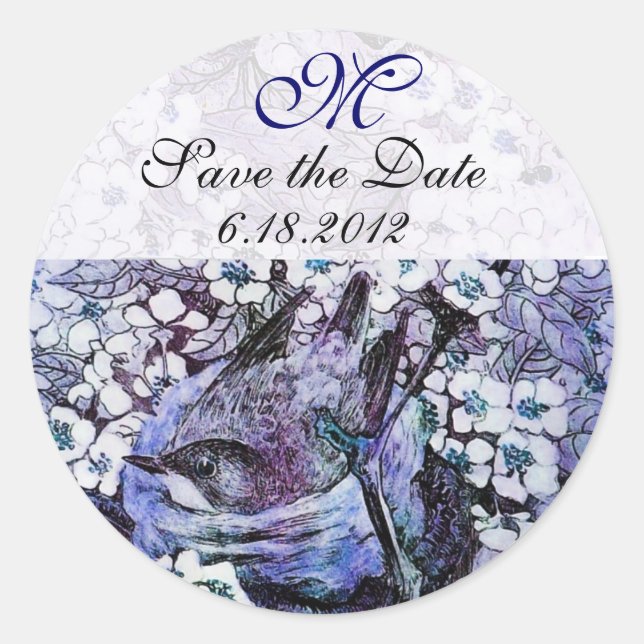 BIRD NEST Save the Date Monogramm, weiß blau Runder Aufkleber (Vorderseite)