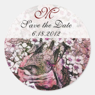 BIRD NEST Save the Date Monogramm, Weißrosa rot Runder Aufkleber