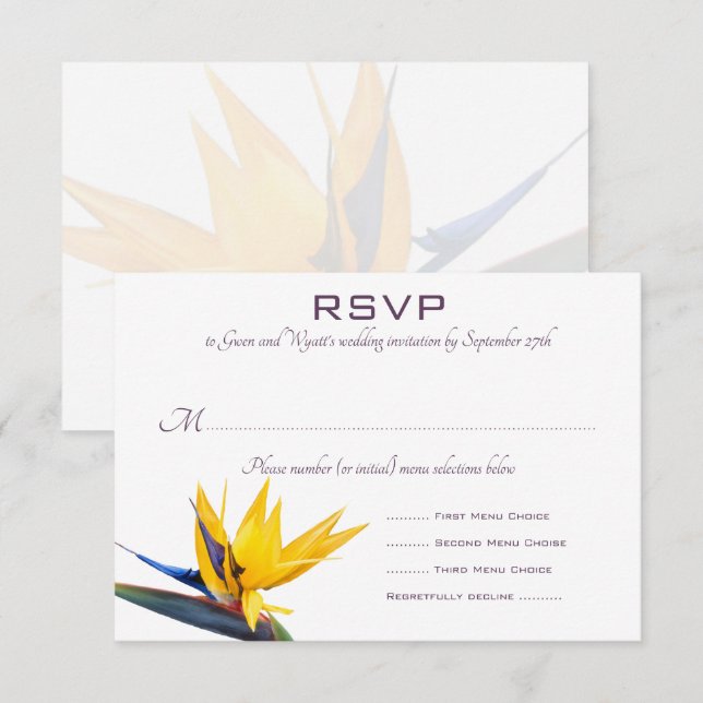 Bird of Paradise White Wedding Menü Antwortkarten RSVP Karte (Vorne/Hinten)