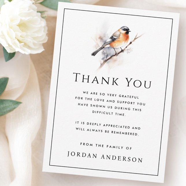 Bird on branch thin border funeral memorial dankeskarte (Bird on branch thin border funeral memorial thank you card
)
