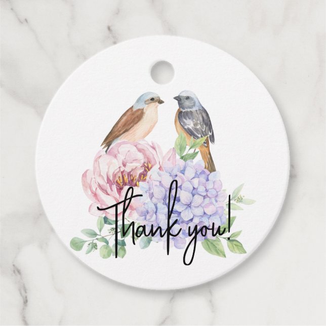 Bird on Hydrangea Branch and Peony Wedding Geschenkanhänger (Vorderseite)