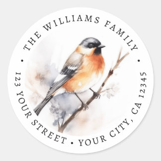 Bird perched on branch watercolor return address runder aufkleber