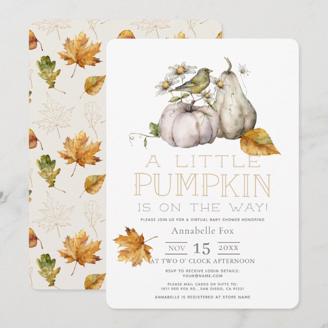 Bird Pumpkin Fall Watercolor Virtual Baby Dusche Einladung (Vorne/Hinten)