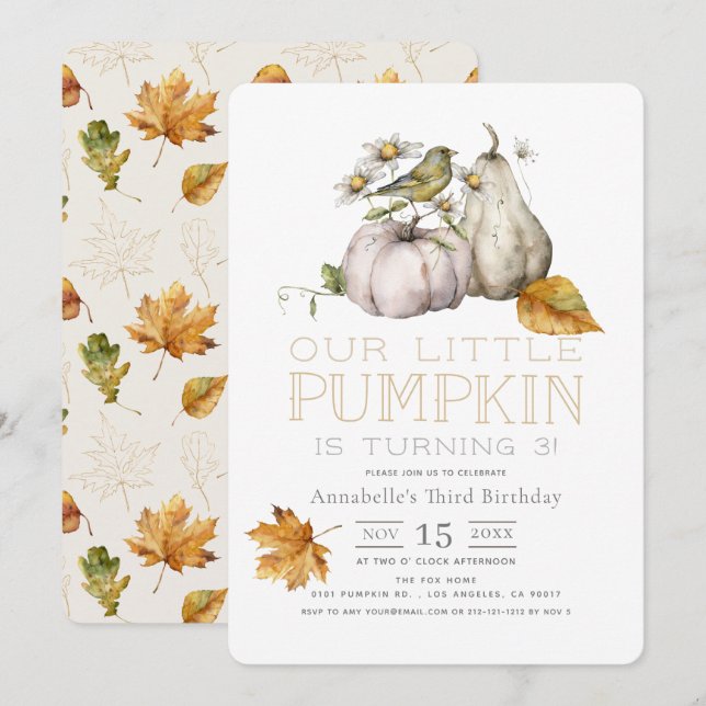 Bird Pumpkin Herbstlaubs Watercolor Birthday Einladung (Vorne/Hinten)
