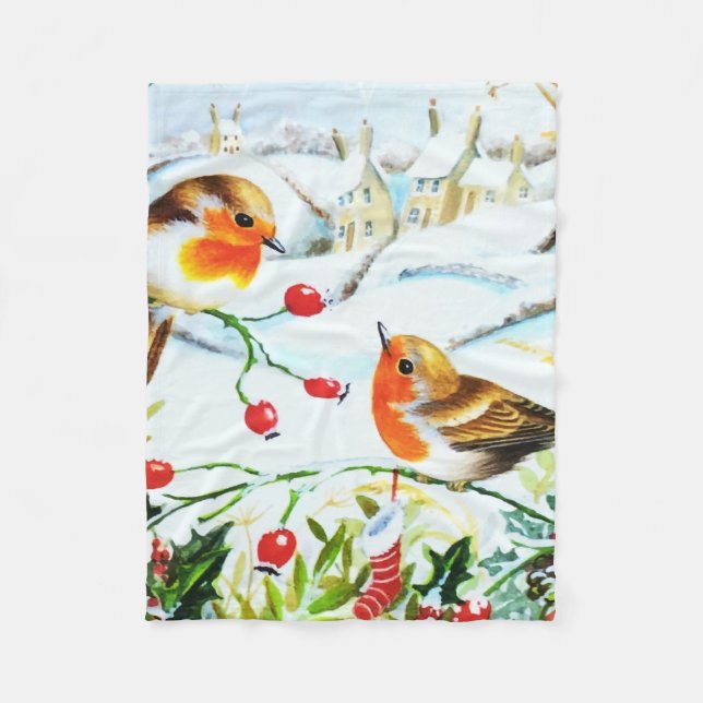 Bird Robin Couple Winter Holly Weihnachten Fleecedecke (Vorderseite)