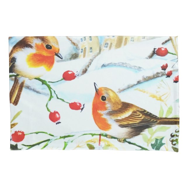 Bird Robin Couple Winter Holly Weihnachten Kissenbezug (Vorderseite)