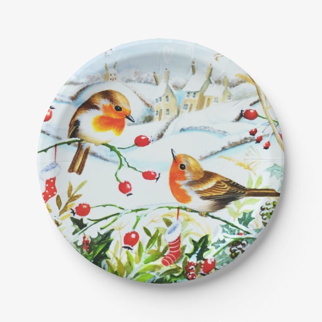 Bird Robin Couple Winter Holly Weihnachten Pappteller (Vorderseite)