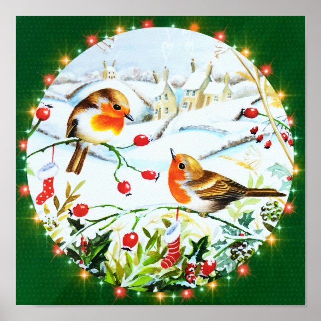 Bird Robin Couple Winter Holly Weihnachten Poster (Vorne)