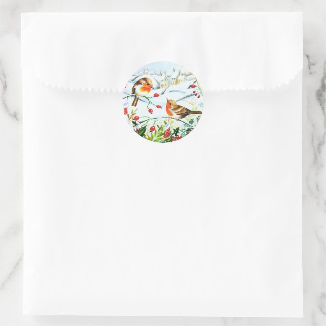 Bird Robin Couple Winter Holly Weihnachten Runder Aufkleber (Tasche)