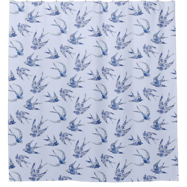 Bird Swallow Blues Blau Vintag Chinoiserie Duschvorhang (Vorderseite)