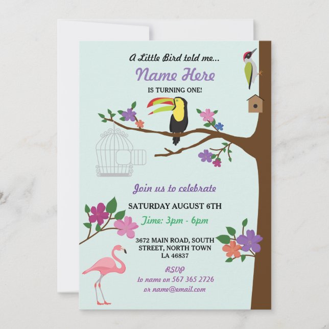Bird Tucan GirI Birthday Mint Twins Einladung (Vorderseite)