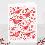 Bird Watercolor Red Feiertagskarte<br><div class="desc">Rote Wasserfarbenvögel und Blume auf weißem Hintergrund. Sie können den Gruß und die Namen ändern, um sie zu personalisieren. Originelle Kunst von Nic Squirrell.</div>