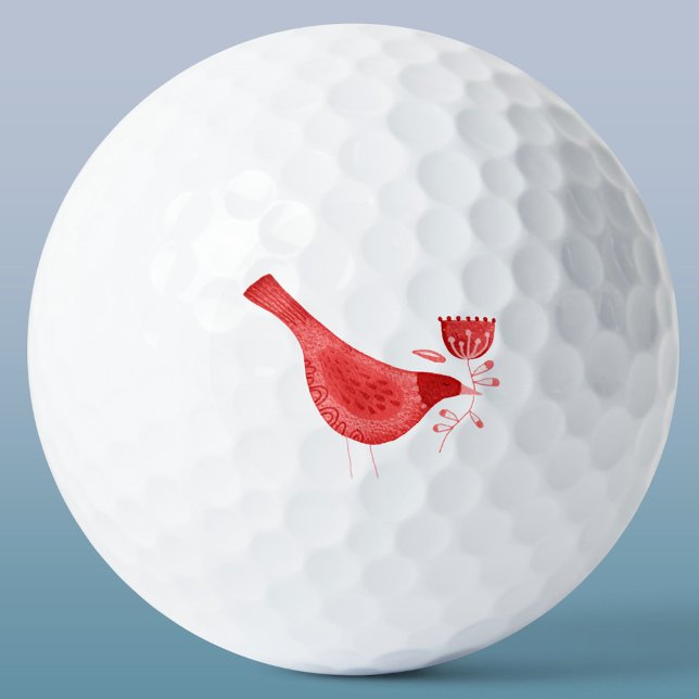 Bird Watercolor Red Golfball (Watercolor bird and flower red art golf ball)