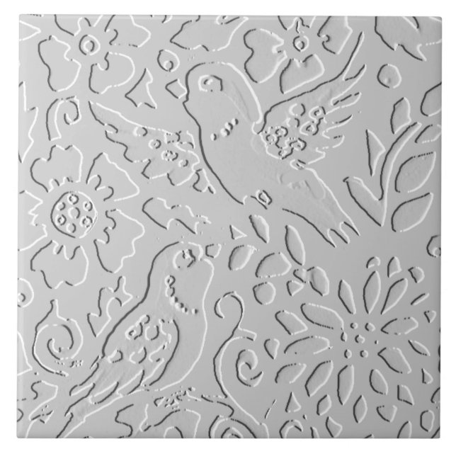Bird White Gray Black Embossed Woodland Animal Fliese (Vorderseite)